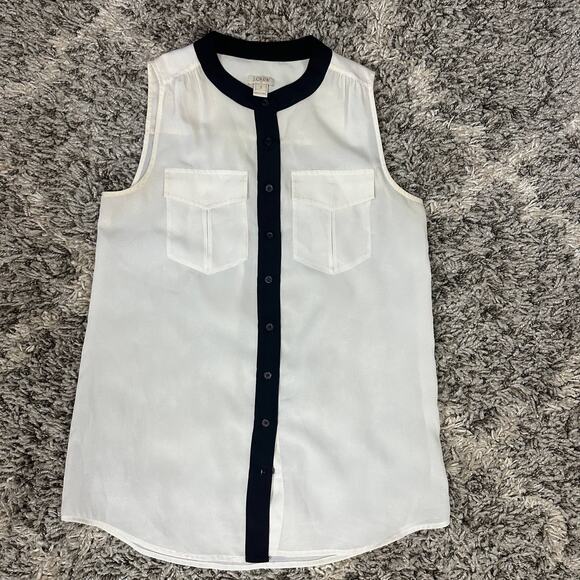 J Crew Cream Black Sleeveless Button Down Shirt Top 2 XS Extra Small - Picture 1 of 7